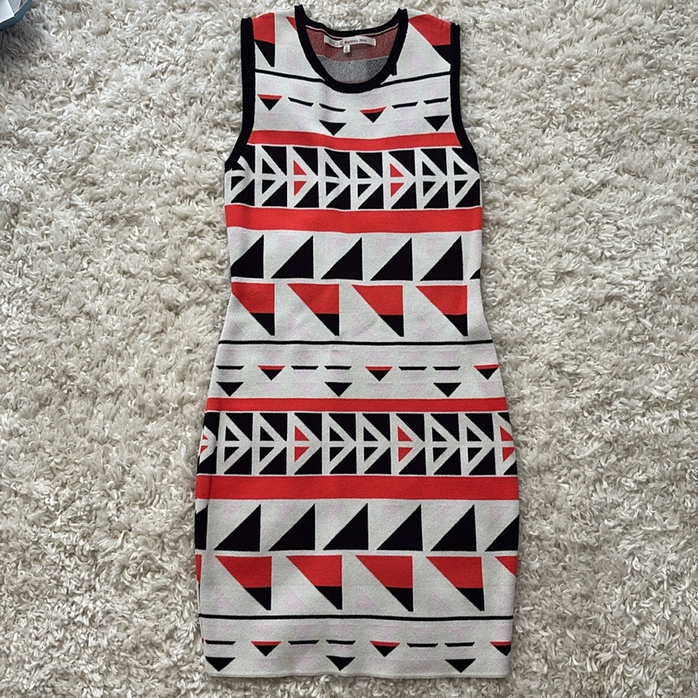 Orange, Black White Stretchy Tribal Tank Top Dress Rachel Roy Medium